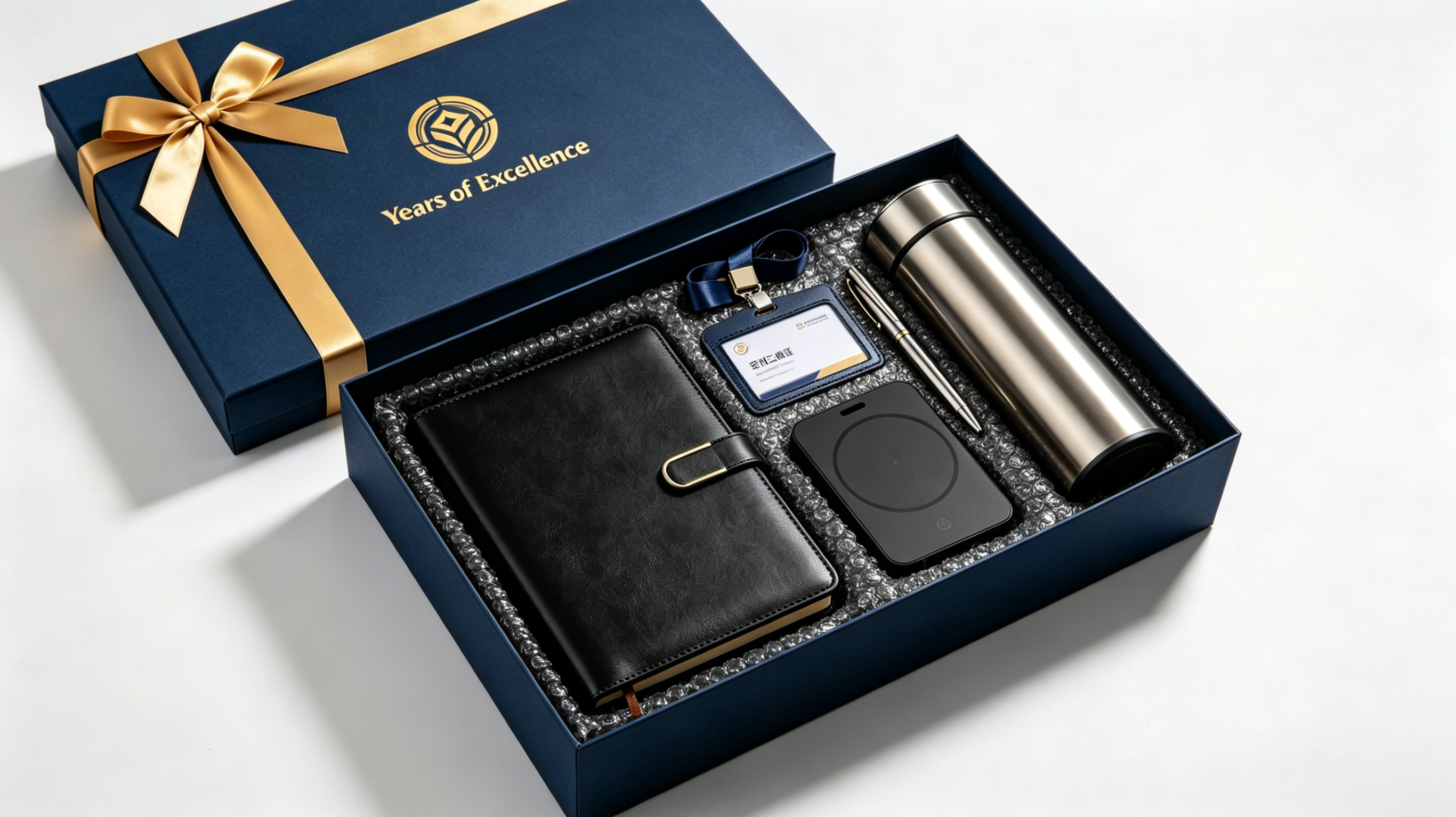 Corporate anniversary gift set with notebook, pen, badge reel, wireless charger and tumbler