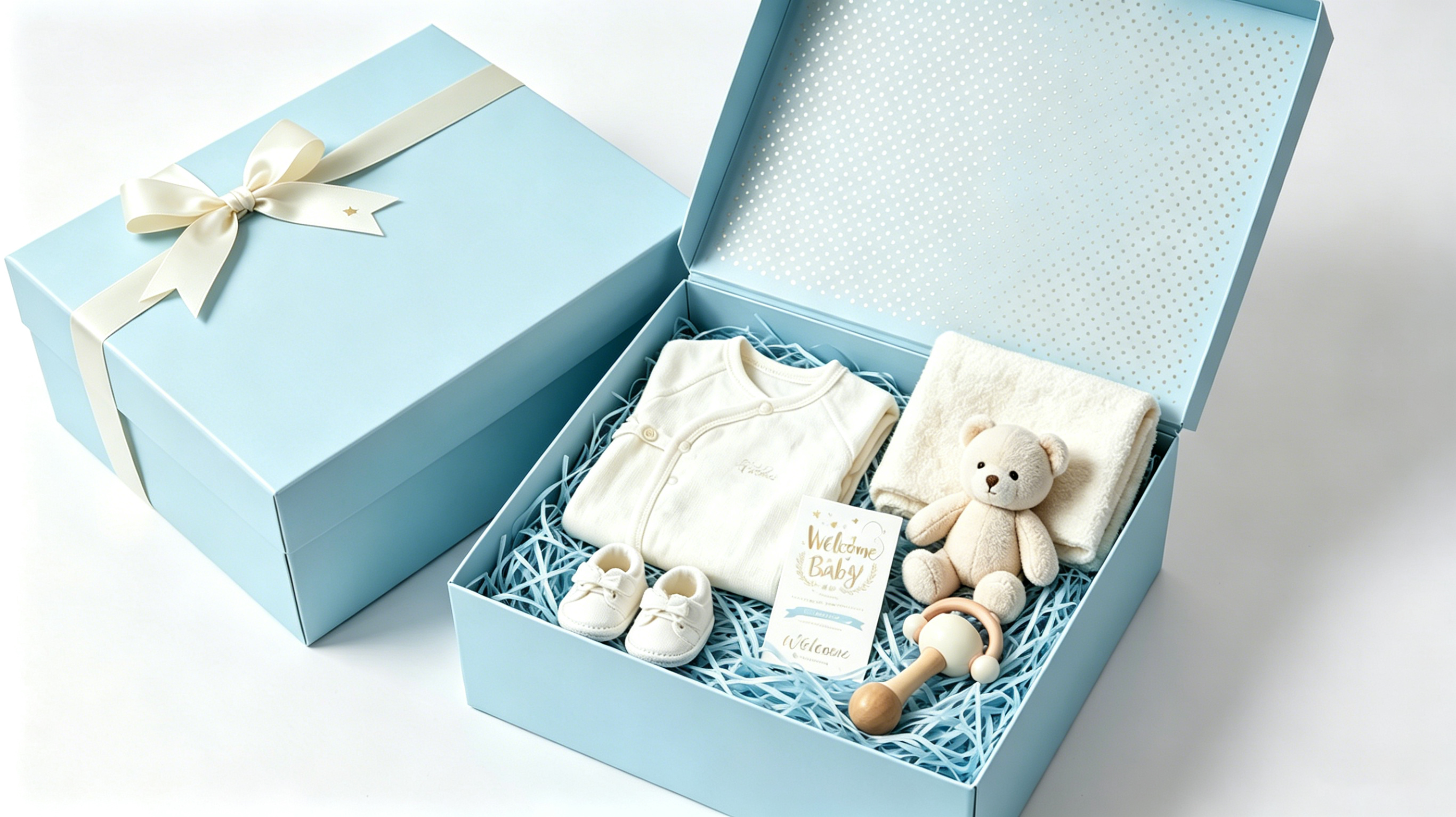 Newborn baby gift set with onesie, blanket, teddy bear, booties and card