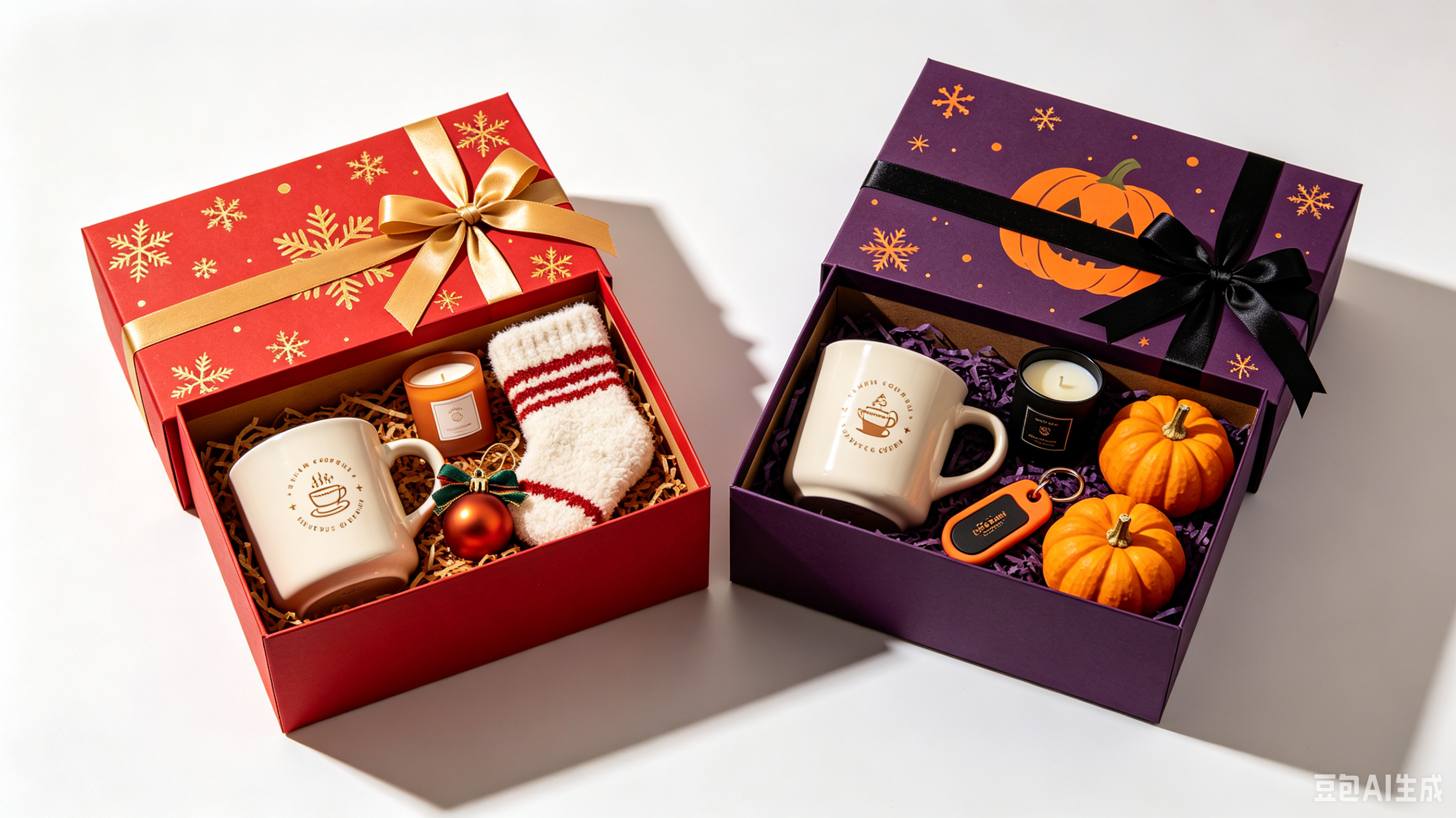 Holiday gift set including Christmas and Halloween themed gift boxes with mug and candle