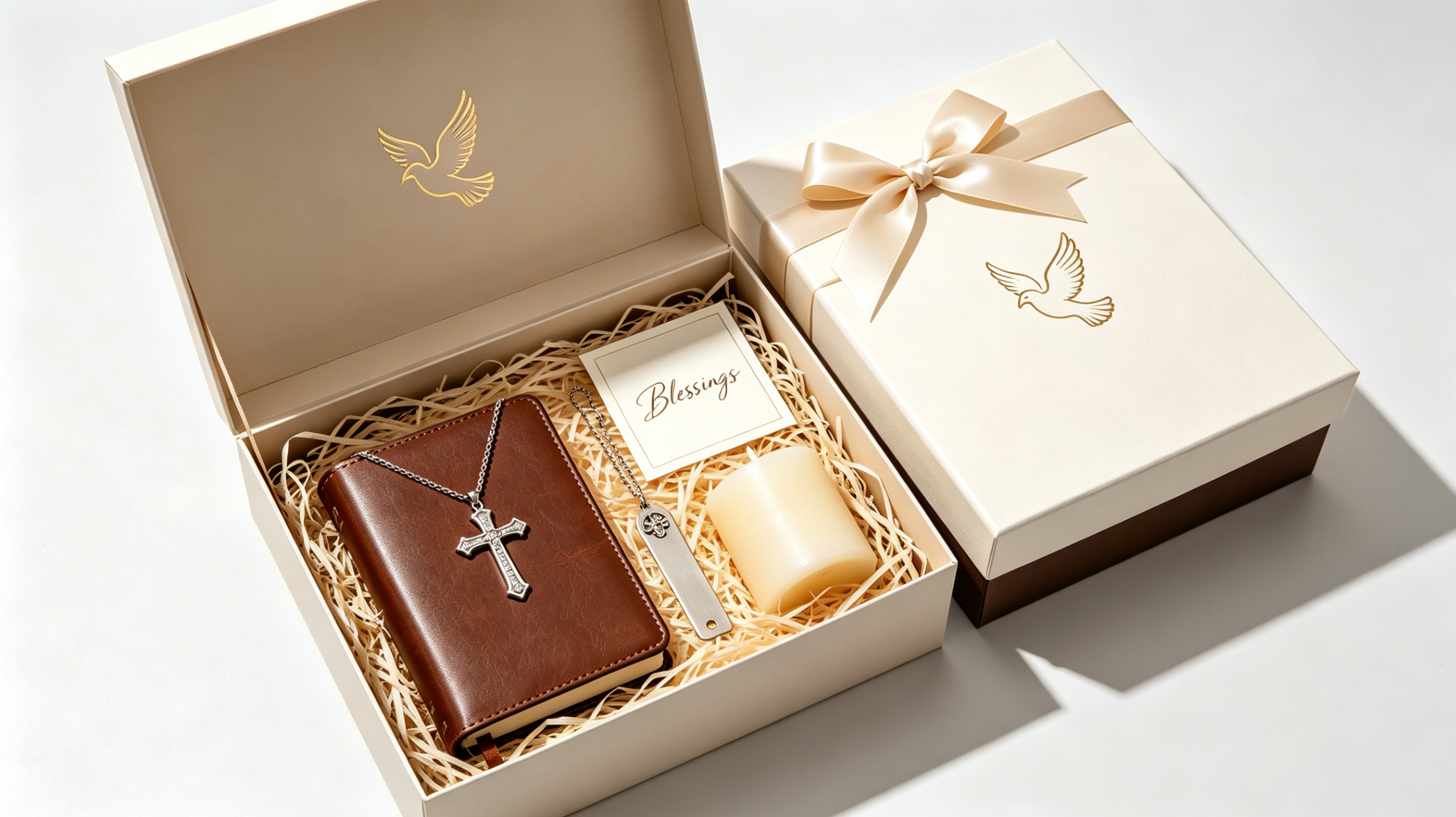 Religious gift set with cross necklace, prayer candle, and blessing card
