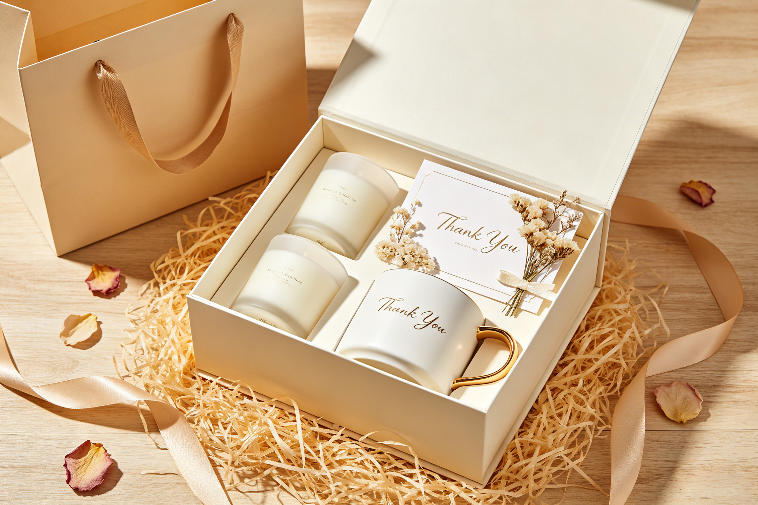 Wedding favor gift set with candle, ceramic mug, thank you card and gift bag